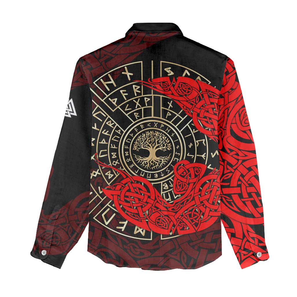 Yggdrasil Women Casual Shirt with Red Norse Dragon and Runes Viking Heritage Tribute - Wonder Print Shop