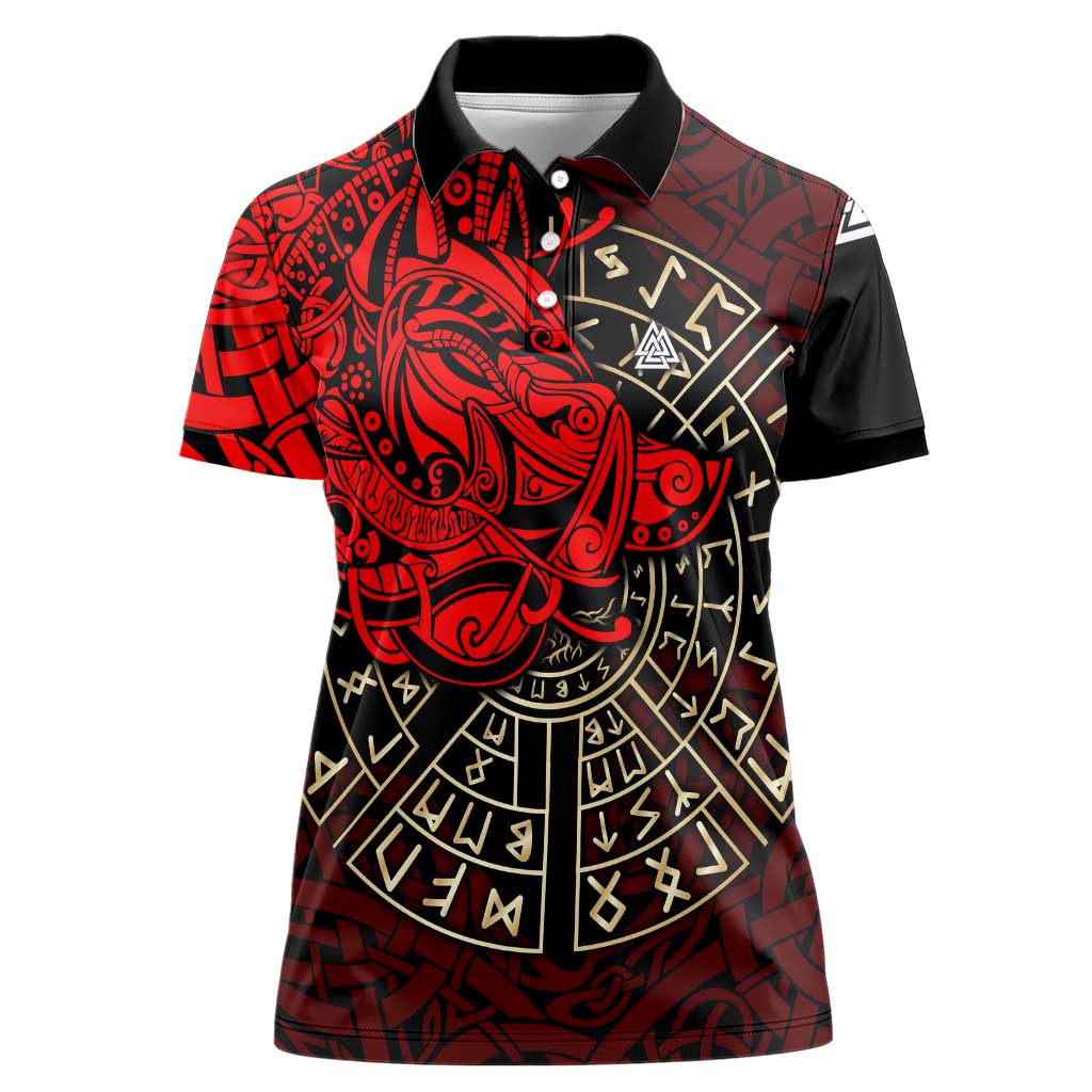 Yggdrasil Women Polo Shirt with Red Norse Dragon and Runes Viking Heritage Tribute - Wonder Print Shop