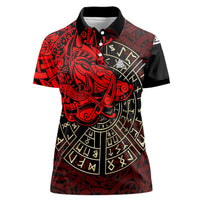 Yggdrasil Women Polo Shirt with Red Norse Dragon and Runes Viking Heritage Tribute - Wonder Print Shop