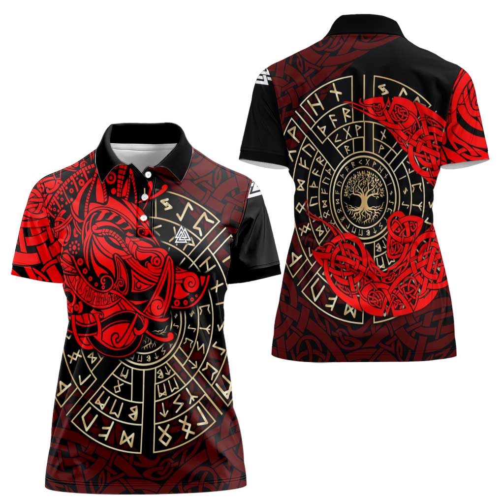 Yggdrasil Women Polo Shirt with Red Norse Dragon and Runes Viking Heritage Tribute - Wonder Print Shop