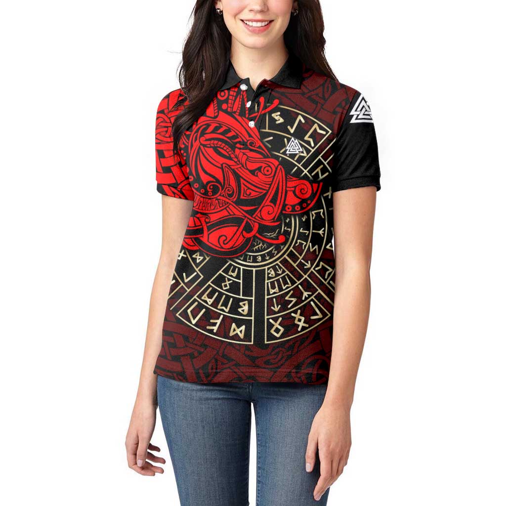 Yggdrasil Women Polo Shirt with Red Norse Dragon and Runes Viking Heritage Tribute - Wonder Print Shop