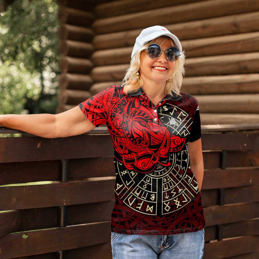 Yggdrasil Women Polo Shirt with Red Norse Dragon and Runes Viking Heritage Tribute - Wonder Print Shop