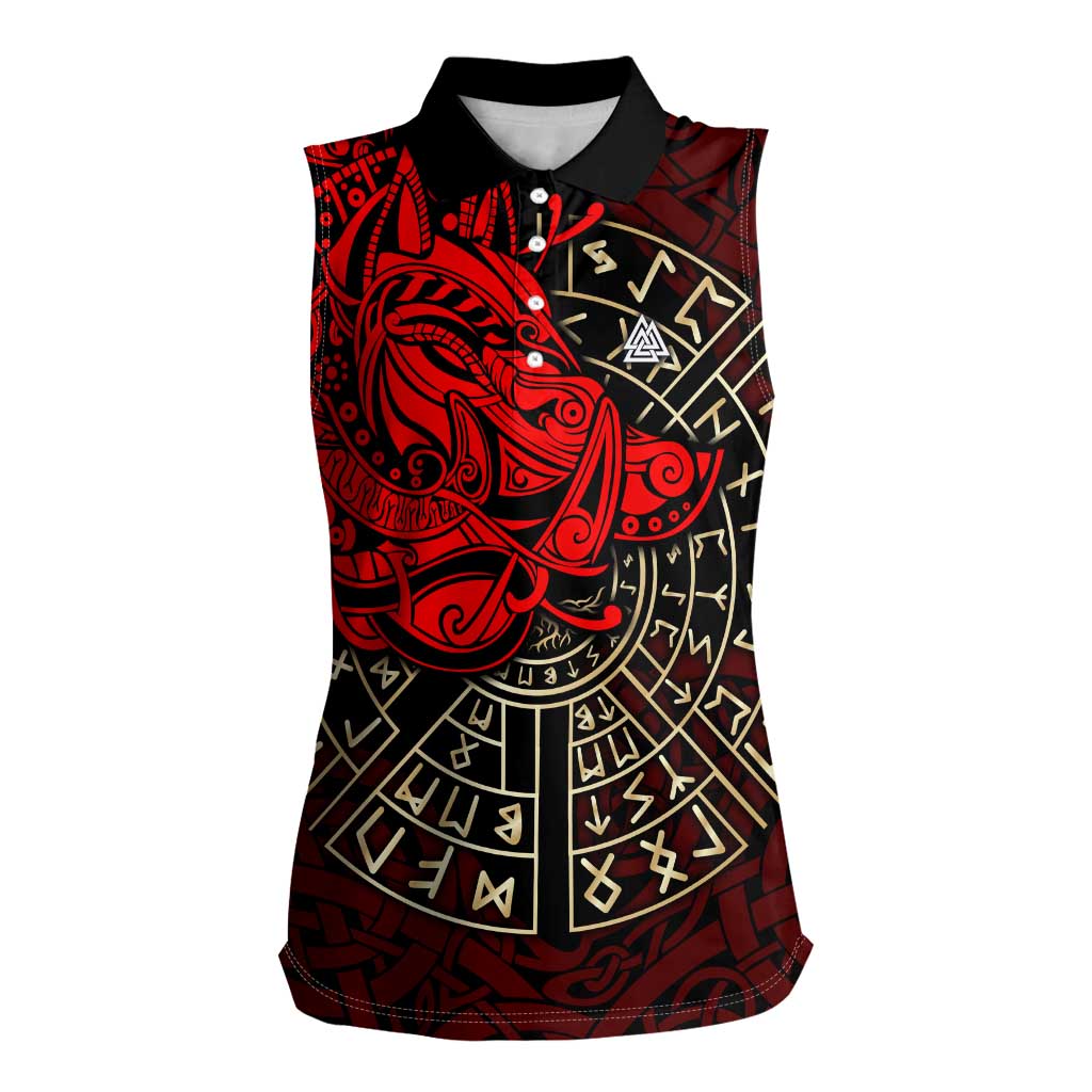 Yggdrasil Women Sleeveless Polo Shirt with Red Norse Dragon and Runes Viking Heritage Tribute - Wonder Print Shop