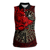Yggdrasil Women Sleeveless Polo Shirt with Red Norse Dragon and Runes Viking Heritage Tribute - Wonder Print Shop