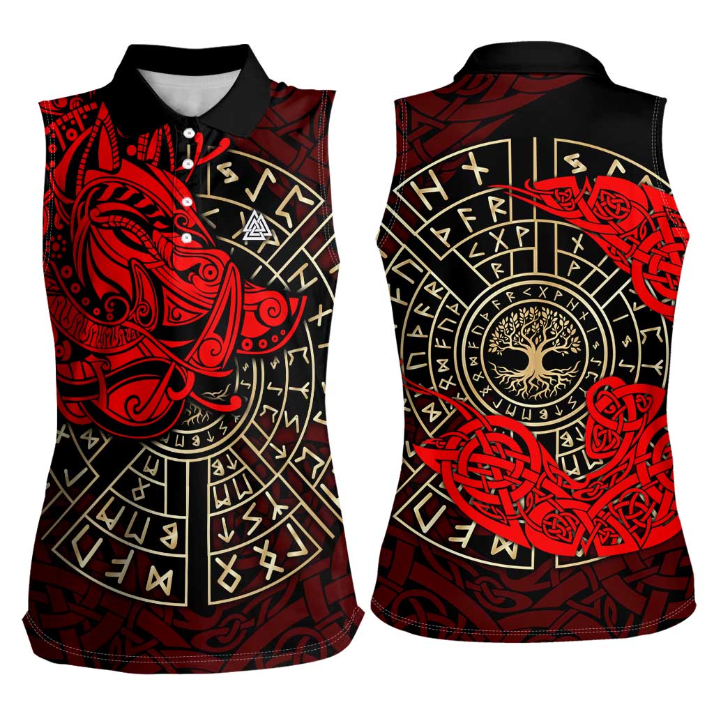 Yggdrasil Women Sleeveless Polo Shirt with Red Norse Dragon and Runes Viking Heritage Tribute - Wonder Print Shop