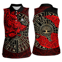 Yggdrasil Women Sleeveless Polo Shirt with Red Norse Dragon and Runes Viking Heritage Tribute - Wonder Print Shop
