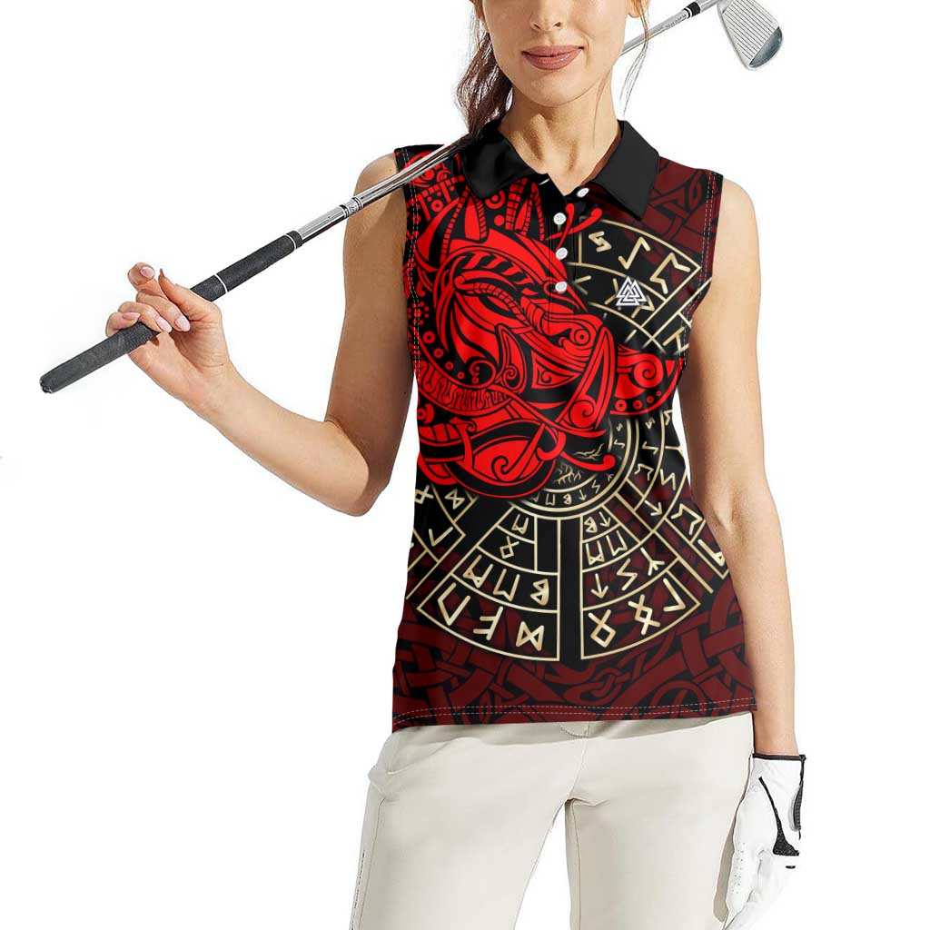 Yggdrasil Women Sleeveless Polo Shirt with Red Norse Dragon and Runes Viking Heritage Tribute - Wonder Print Shop