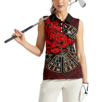 Yggdrasil Women Sleeveless Polo Shirt with Red Norse Dragon and Runes Viking Heritage Tribute - Wonder Print Shop