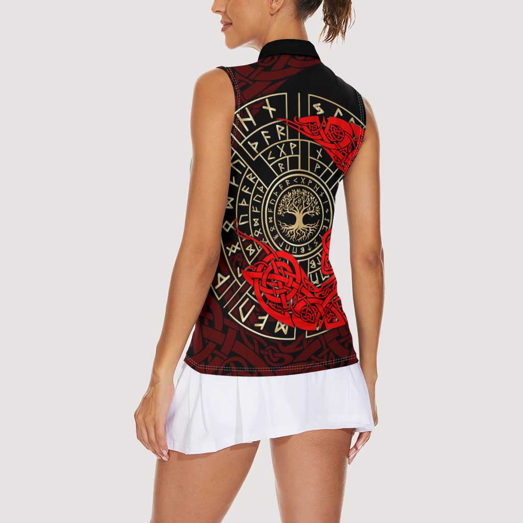 Yggdrasil Women Sleeveless Polo Shirt with Red Norse Dragon and Runes Viking Heritage Tribute - Wonder Print Shop