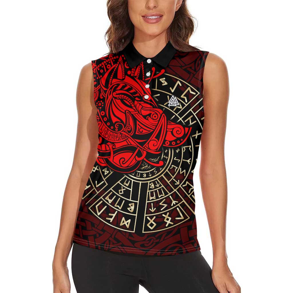 Yggdrasil Women Sleeveless Polo Shirt with Red Norse Dragon and Runes Viking Heritage Tribute - Wonder Print Shop