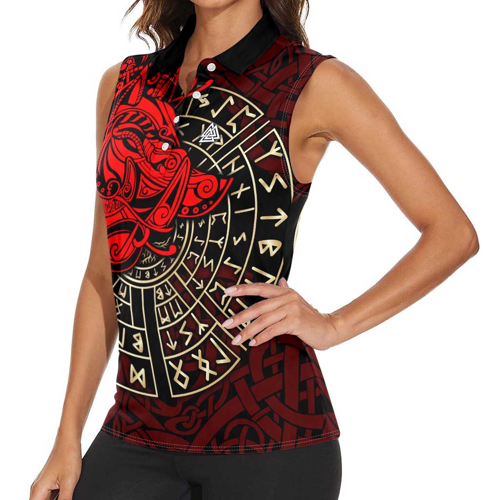 Yggdrasil Women Sleeveless Polo Shirt with Red Norse Dragon and Runes Viking Heritage Tribute - Wonder Print Shop