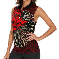 Yggdrasil Women Sleeveless Polo Shirt with Red Norse Dragon and Runes Viking Heritage Tribute - Wonder Print Shop