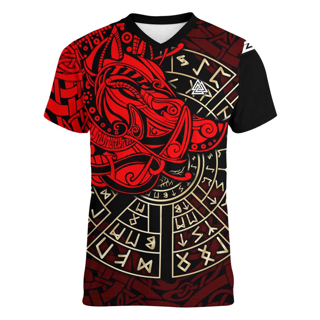 Yggdrasil Women V-Neck T-Shirt with Red Norse Dragon and Runes Viking Heritage Tribute - Wonder Print Shop
