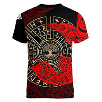 Yggdrasil Women V-Neck T-Shirt with Red Norse Dragon and Runes Viking Heritage Tribute - Wonder Print Shop