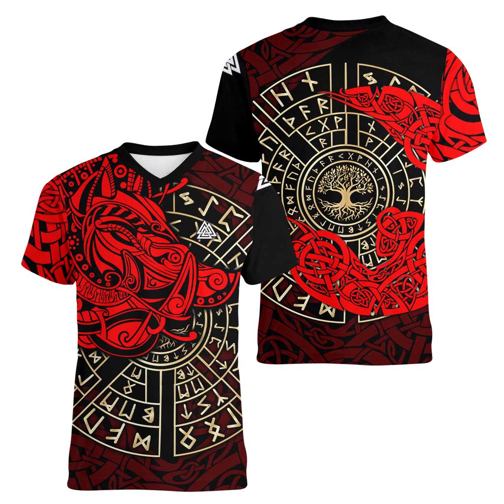 Yggdrasil Women V-Neck T-Shirt with Red Norse Dragon and Runes Viking Heritage Tribute - Wonder Print Shop