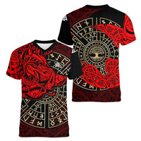 Yggdrasil Women V-Neck T-Shirt with Red Norse Dragon and Runes Viking Heritage Tribute - Wonder Print Shop