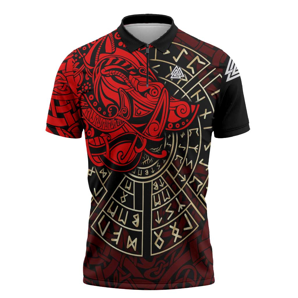 Yggdrasil Zipper Polo Shirt with Red Norse Dragon and Runes Viking Heritage Tribute - Wonder Print Shop