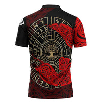 Yggdrasil Zipper Polo Shirt with Red Norse Dragon and Runes Viking Heritage Tribute - Wonder Print Shop