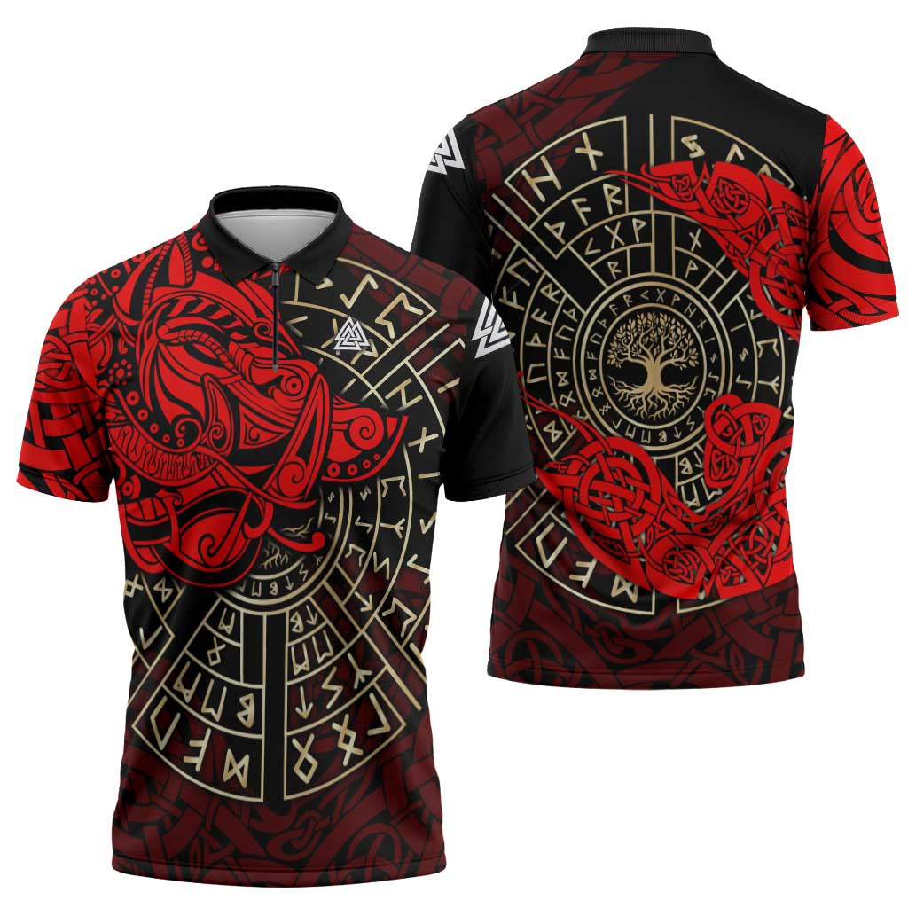 Yggdrasil Zipper Polo Shirt with Red Norse Dragon and Runes Viking Heritage Tribute - Wonder Print Shop