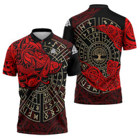 Yggdrasil Zipper Polo Shirt with Red Norse Dragon and Runes Viking Heritage Tribute - Wonder Print Shop