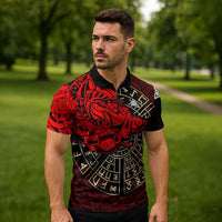 Yggdrasil Zipper Polo Shirt with Red Norse Dragon and Runes Viking Heritage Tribute - Wonder Print Shop