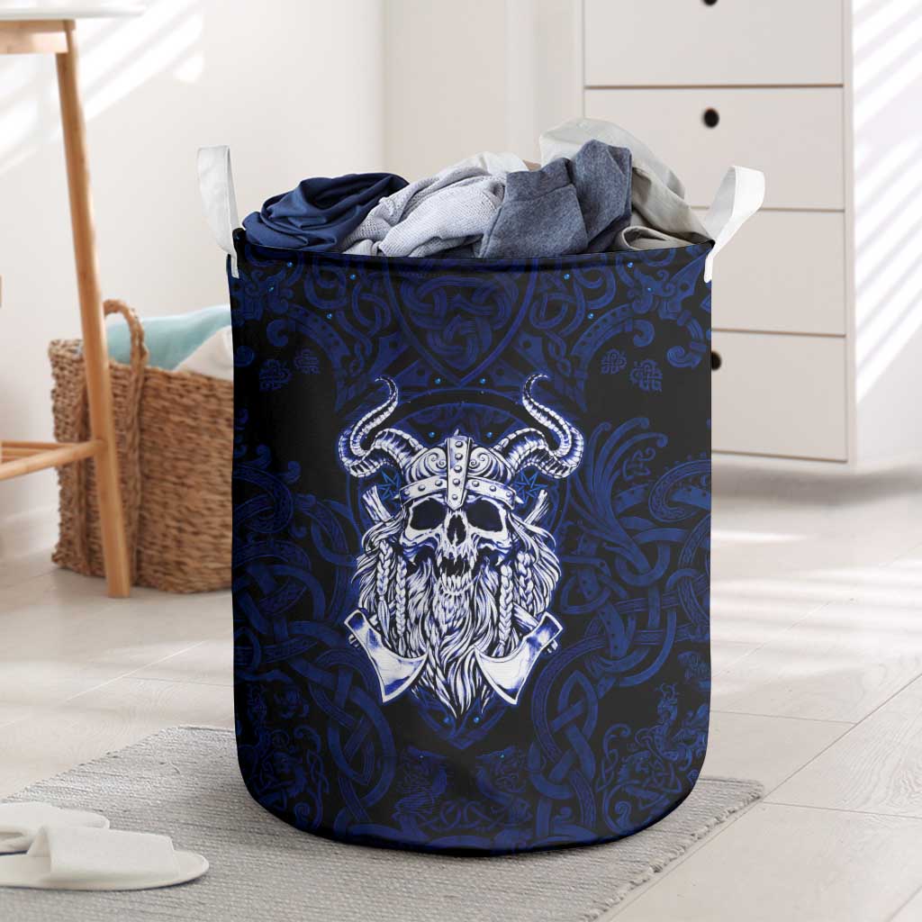 Vikings Skull Laundry Basket with Horned Helmet, Blue Axes and Runes Norse Warrior Tribute - Wonder Print Shop