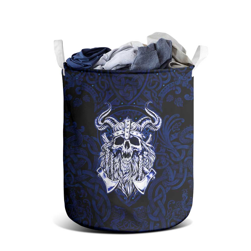 Vikings Skull Laundry Basket with Horned Helmet, Blue Axes and Runes Norse Warrior Tribute - Wonder Print Shop