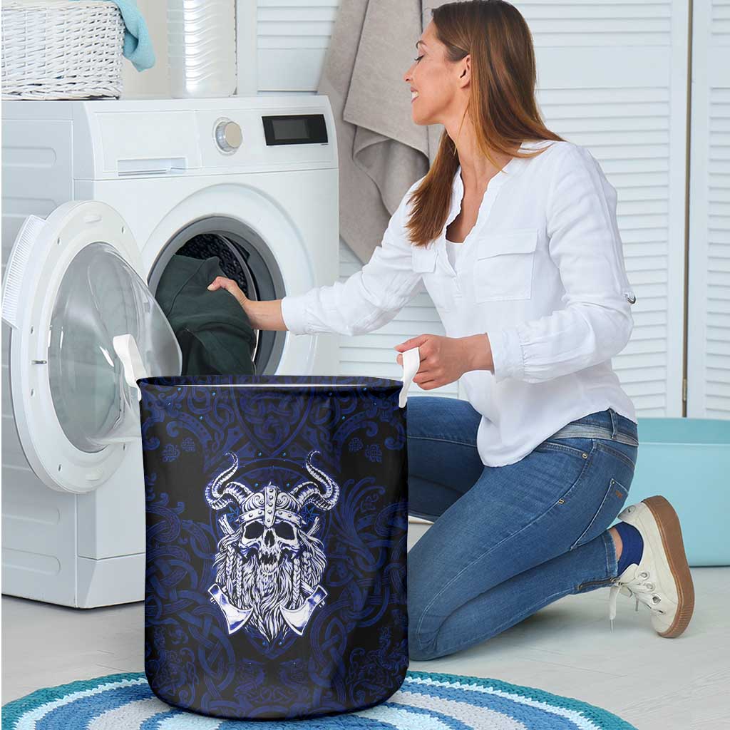 Vikings Skull Laundry Basket with Horned Helmet, Blue Axes and Runes Norse Warrior Tribute - Wonder Print Shop