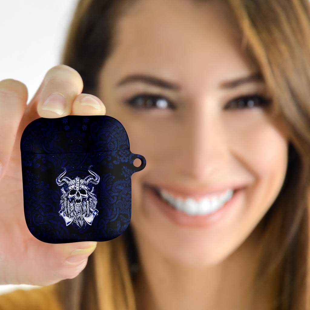 Vikings Skull AirPods Case with Horned Helmet, Blue Axes and Runes Norse Warrior Tribute - undefined