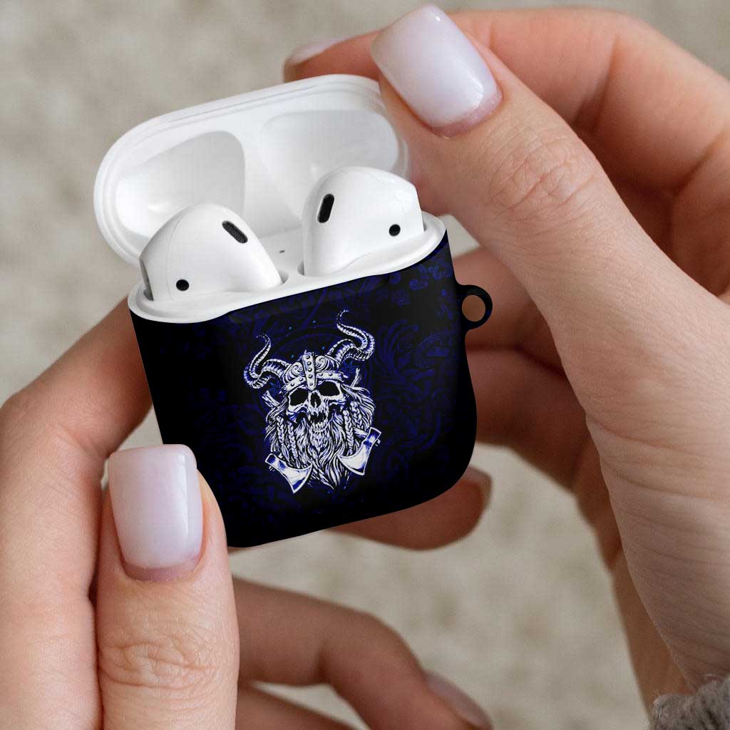 Vikings Skull AirPods Case with Horned Helmet, Blue Axes and Runes Norse Warrior Tribute - undefined