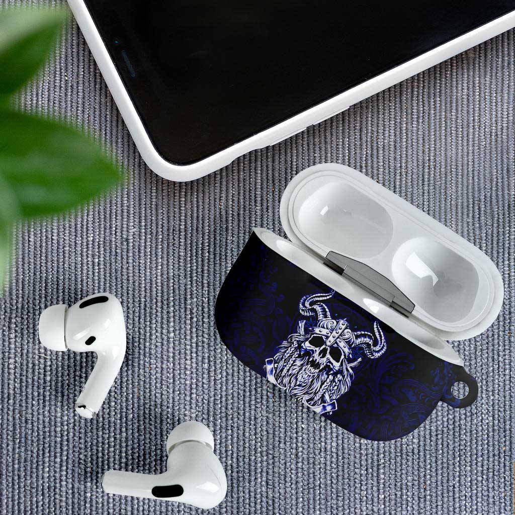 Vikings Skull AirPods Case with Horned Helmet, Blue Axes and Runes Norse Warrior Tribute - undefined