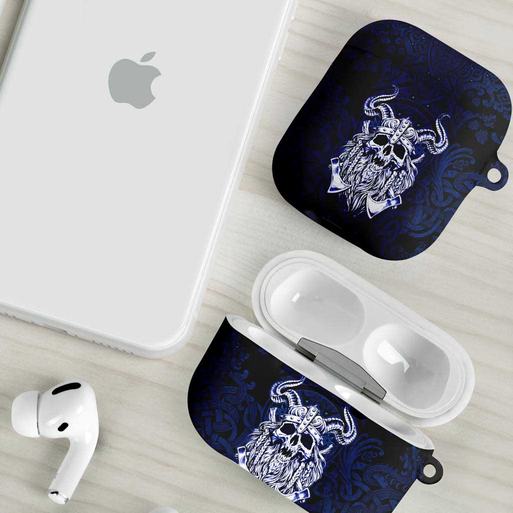 Vikings Skull AirPods Case with Horned Helmet, Blue Axes and Runes Norse Warrior Tribute - undefined