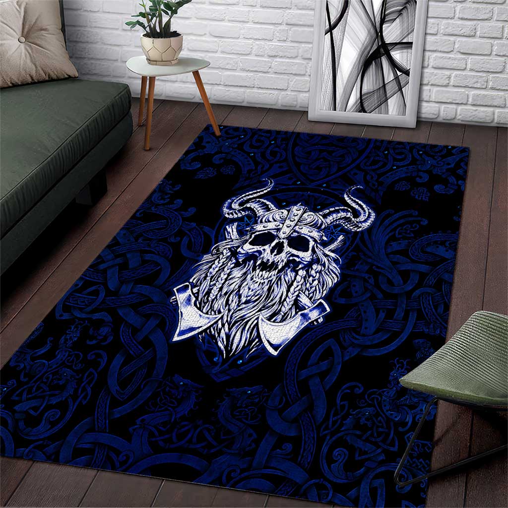 Vikings Skull Area Rug with Horned Helmet, Blue Axes and Runes Norse Warrior Tribute - Wonder Print Shop