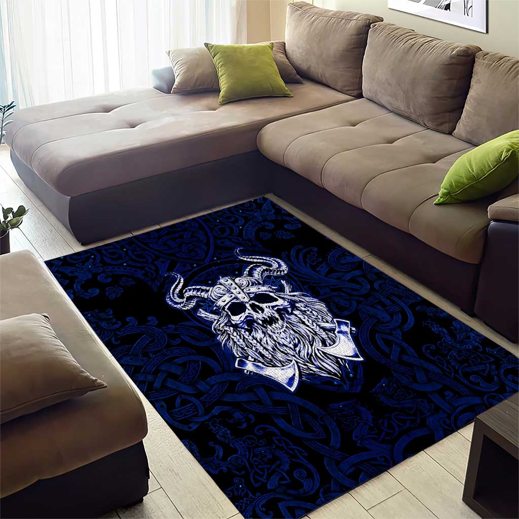Vikings Skull Area Rug with Horned Helmet, Blue Axes and Runes Norse Warrior Tribute - Wonder Print Shop