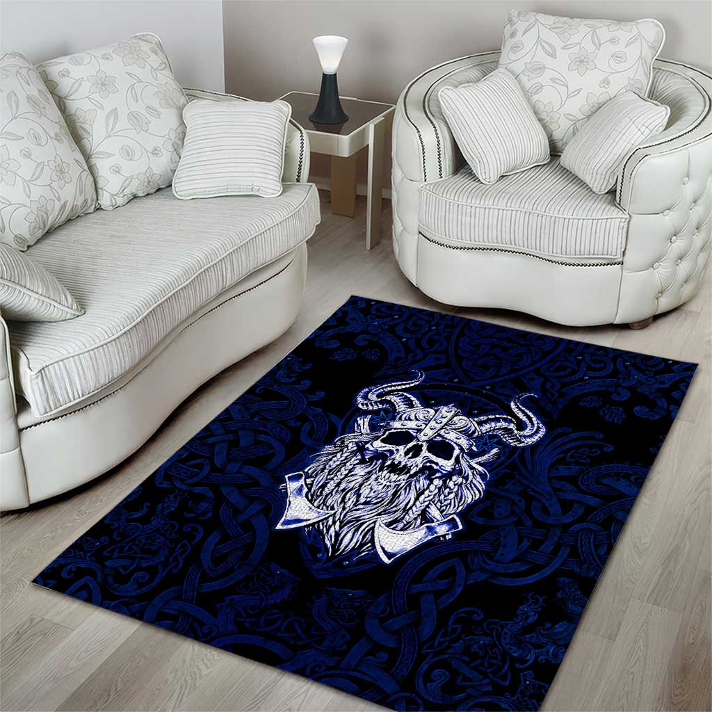 Vikings Skull Area Rug with Horned Helmet, Blue Axes and Runes Norse Warrior Tribute - Wonder Print Shop
