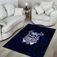 Vikings Skull Area Rug with Horned Helmet, Blue Axes and Runes Norse Warrior Tribute - Wonder Print Shop