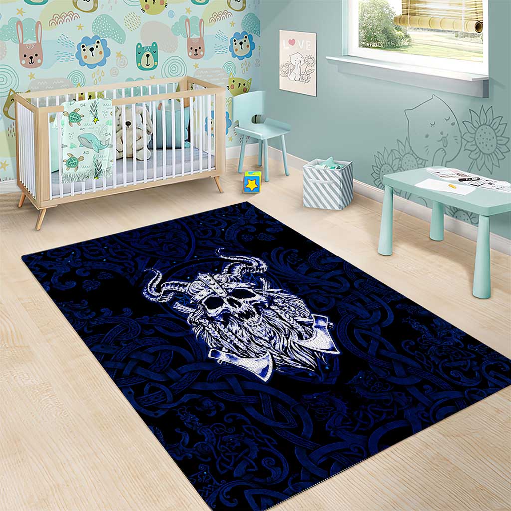 Vikings Skull Area Rug with Horned Helmet, Blue Axes and Runes Norse Warrior Tribute - Wonder Print Shop