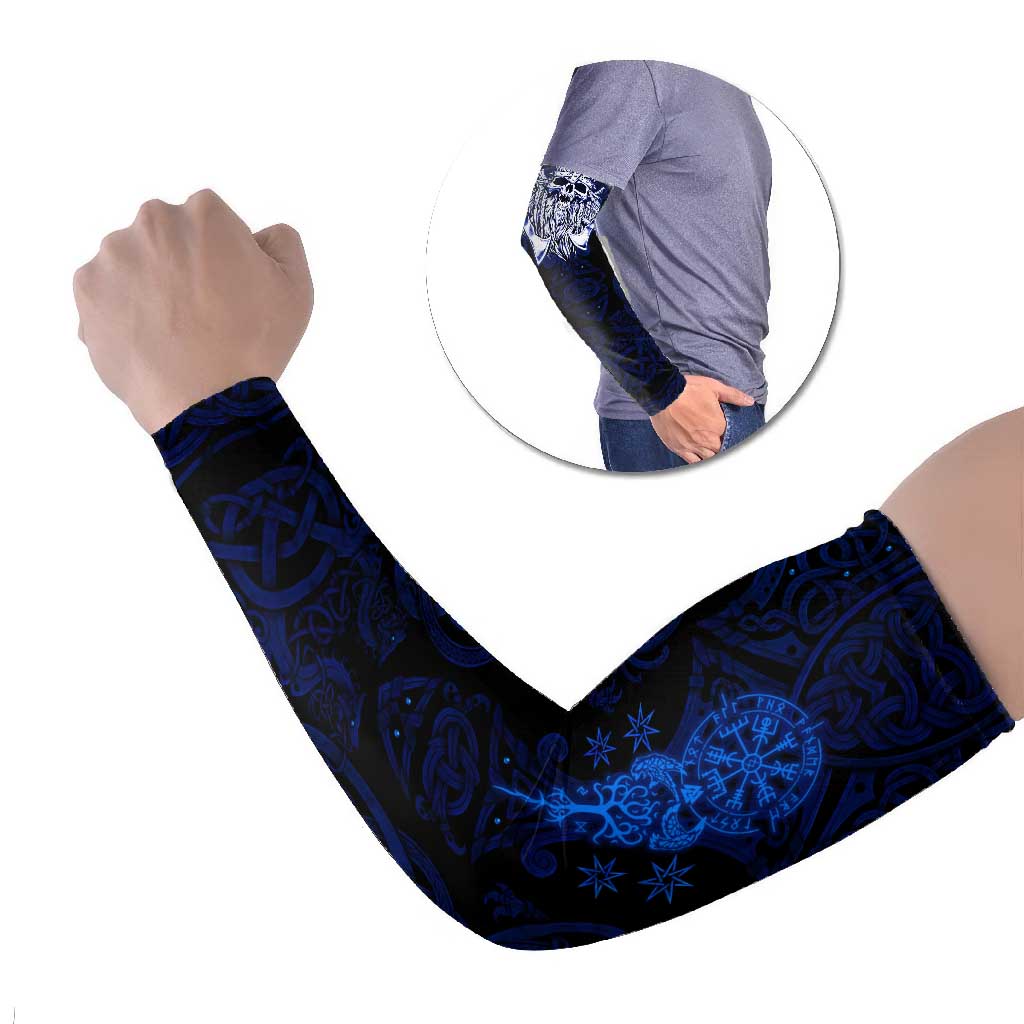 Vikings Skull Arm Sleeves with Horned Helmet, Blue Axes and Runes Norse Warrior Tribute - Wonder Print Shop