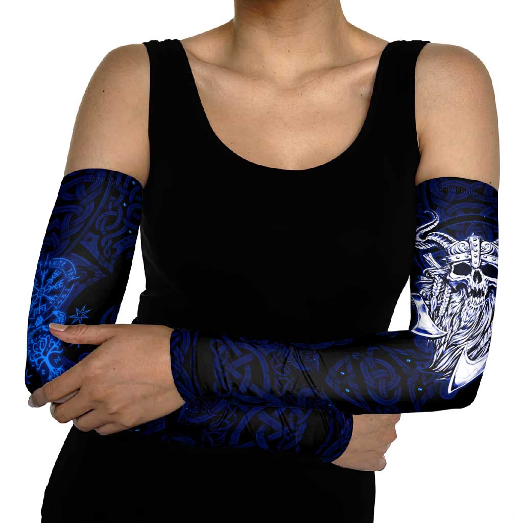 Vikings Skull Arm Sleeves with Horned Helmet, Blue Axes and Runes Norse Warrior Tribute - Wonder Print Shop