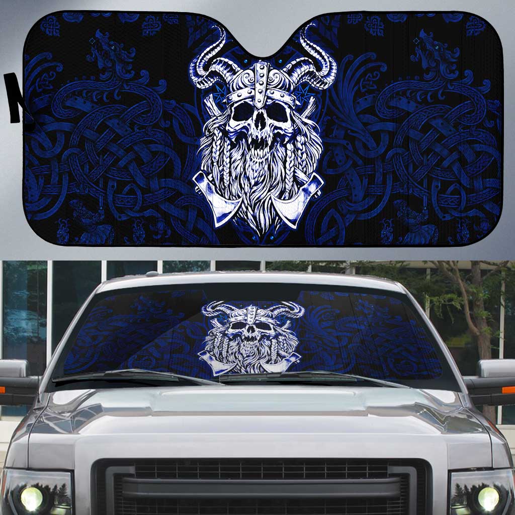 Vikings Skull Auto Sun Shade with Horned Helmet, Blue Axes and Runes Norse Warrior Tribute - Wonder Print Shop