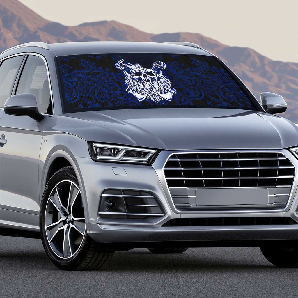 Vikings Skull Auto Sun Shade with Horned Helmet, Blue Axes and Runes Norse Warrior Tribute - Wonder Print Shop
