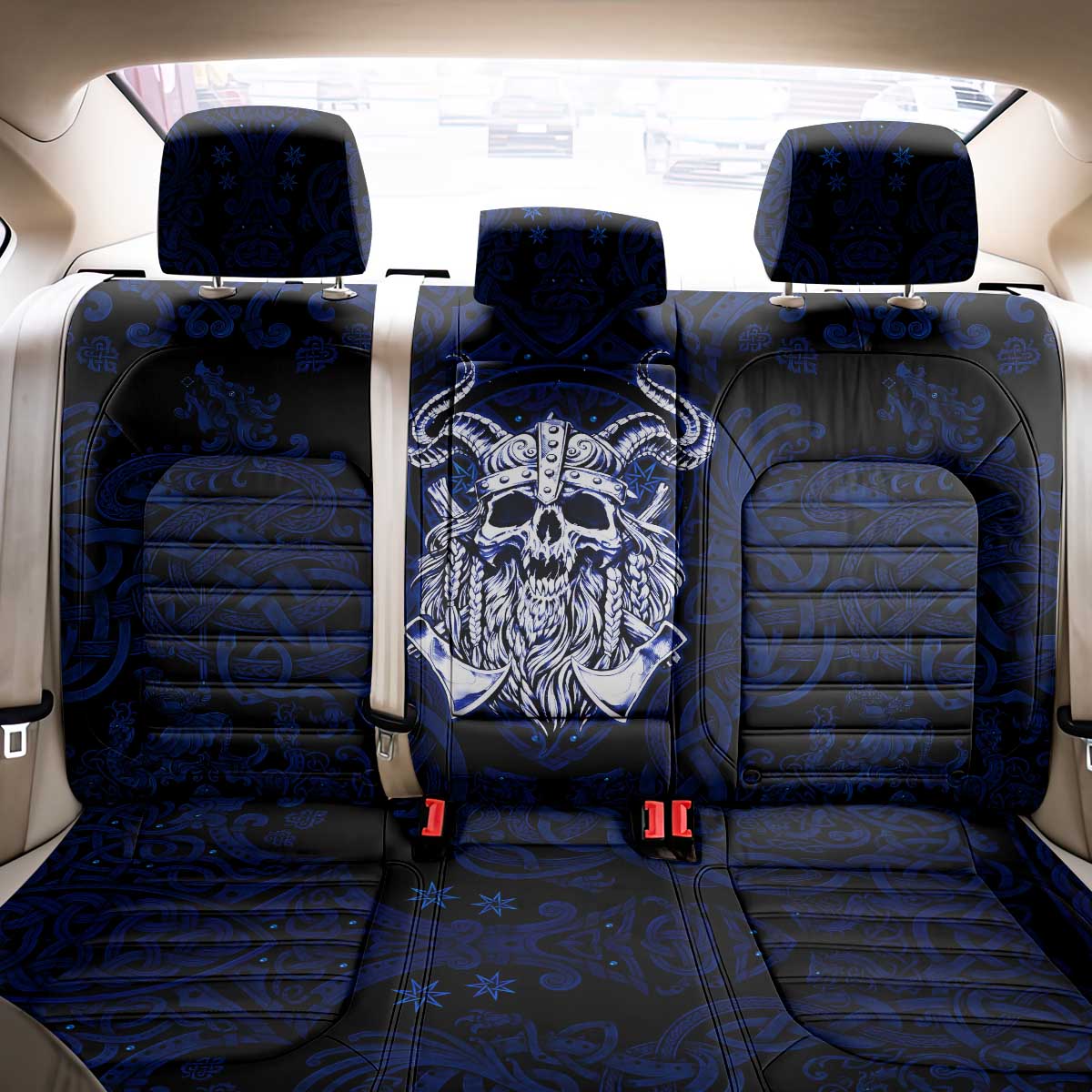 Vikings Skull Back Car Seat Cover with Horned Helmet, Blue Axes and Runes Norse Warrior Tribute - Wonder Print Shop