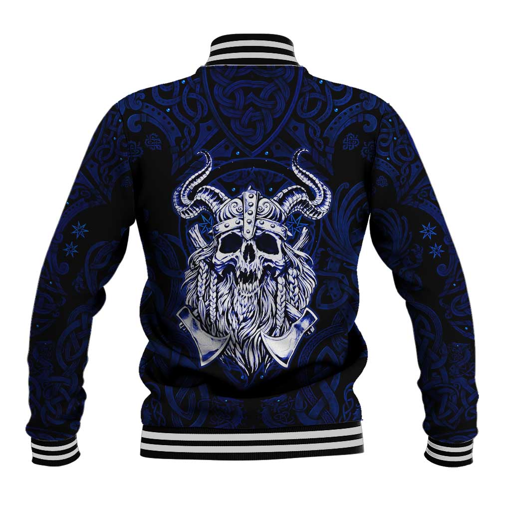 Vikings Skull Baseball Jacket with Horned Helmet, Blue Axes and Runes Norse Warrior Tribute - Wonder Print Shop