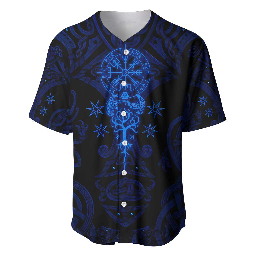 Vikings Skull Baseball Jersey with Horned Helmet, Blue Axes and Runes Norse Warrior Tribute - Wonder Print Shop