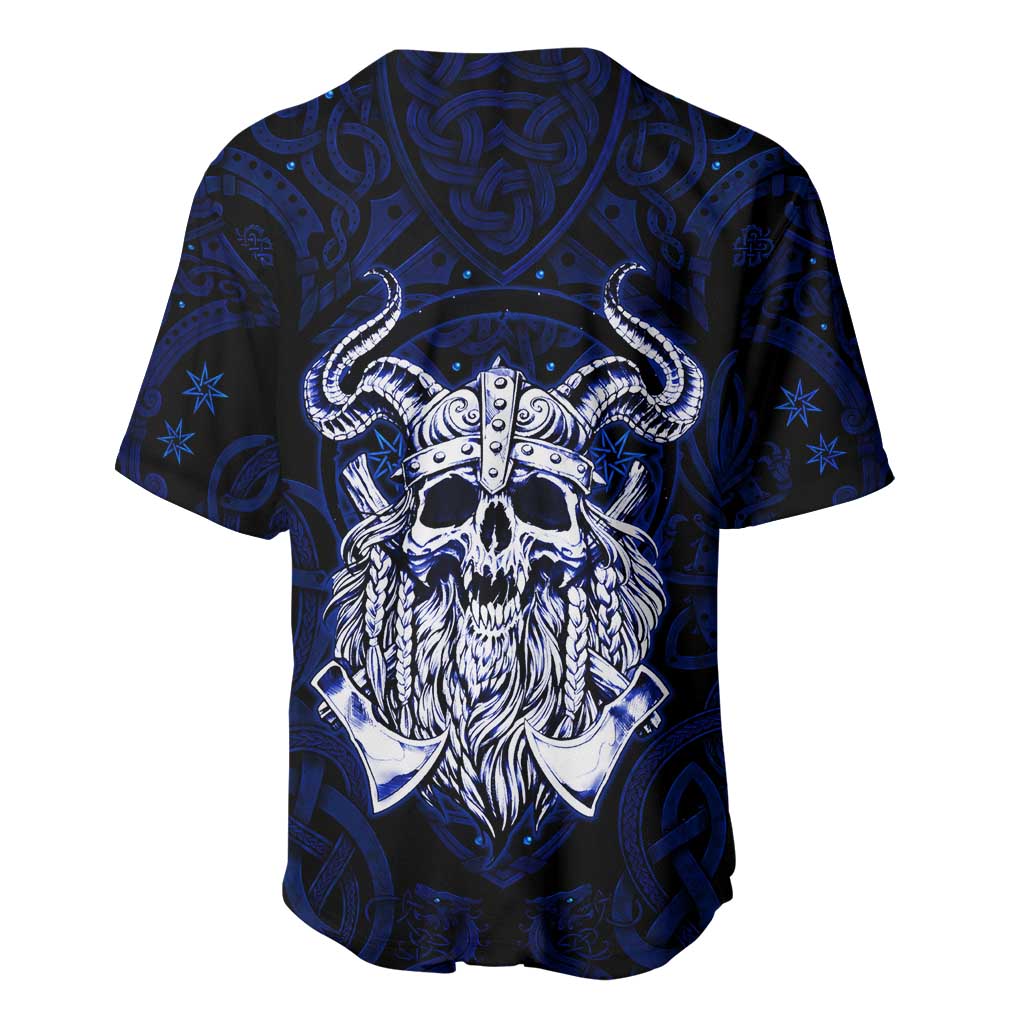 Vikings Skull Baseball Jersey with Horned Helmet, Blue Axes and Runes Norse Warrior Tribute - Wonder Print Shop