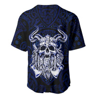 Vikings Skull Baseball Jersey with Horned Helmet, Blue Axes and Runes Norse Warrior Tribute - Wonder Print Shop