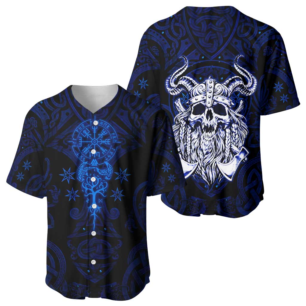Vikings Skull Baseball Jersey with Horned Helmet, Blue Axes and Runes Norse Warrior Tribute - Wonder Print Shop
