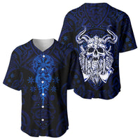 Vikings Skull Baseball Jersey with Horned Helmet, Blue Axes and Runes Norse Warrior Tribute - Wonder Print Shop