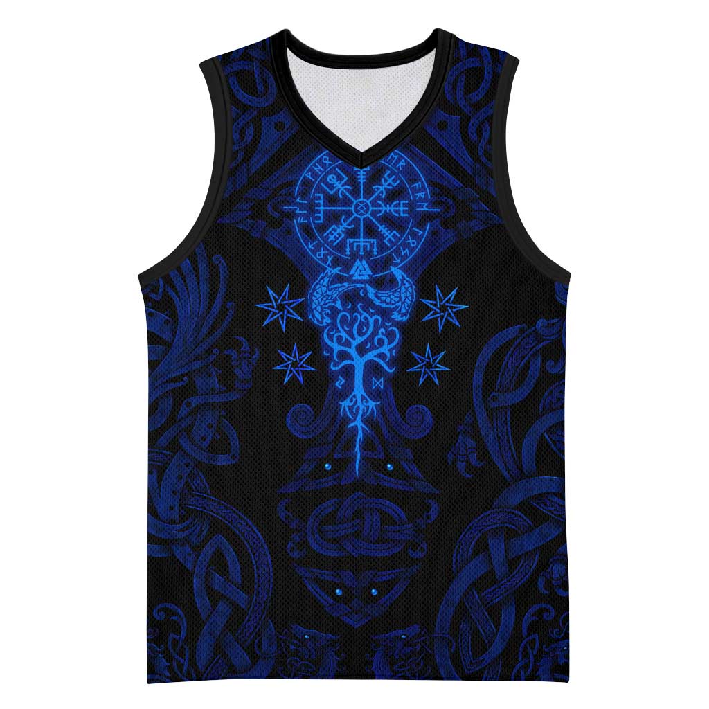 Vikings Skull Basketball Jersey with Horned Helmet, Blue Axes and Runes Norse Warrior Tribute - Wonder Print Shop