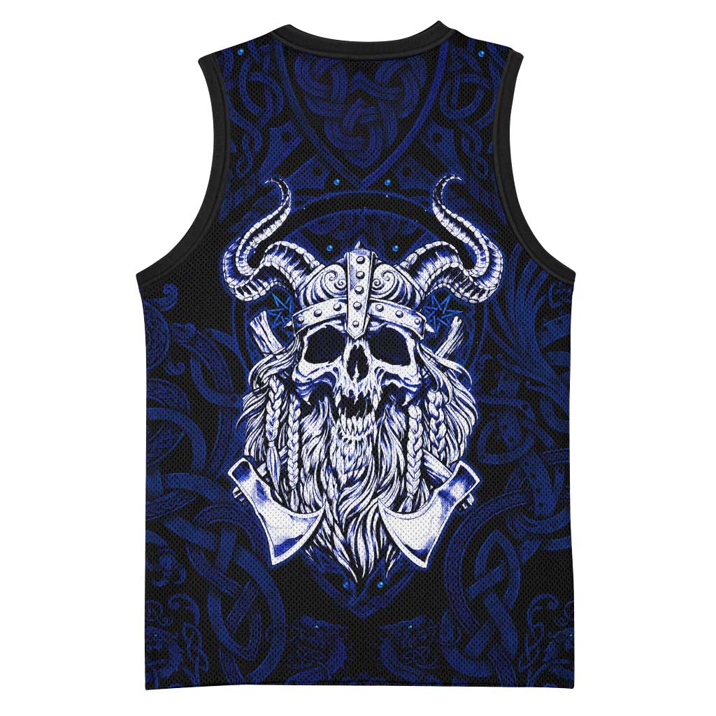 Vikings Skull Basketball Jersey with Horned Helmet, Blue Axes and Runes Norse Warrior Tribute - Wonder Print Shop